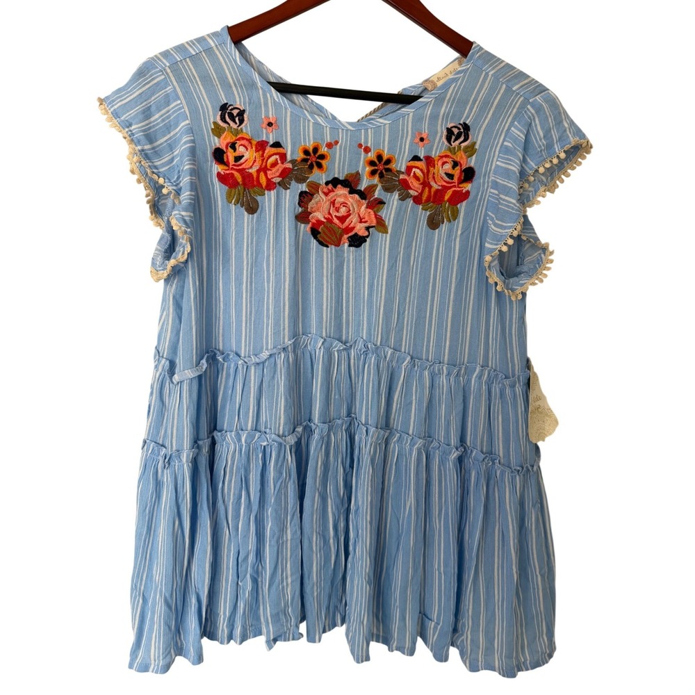 Altar'd State Blue Striped Embroidered Floral Tiered Peplum Top WCT220-BL Medium